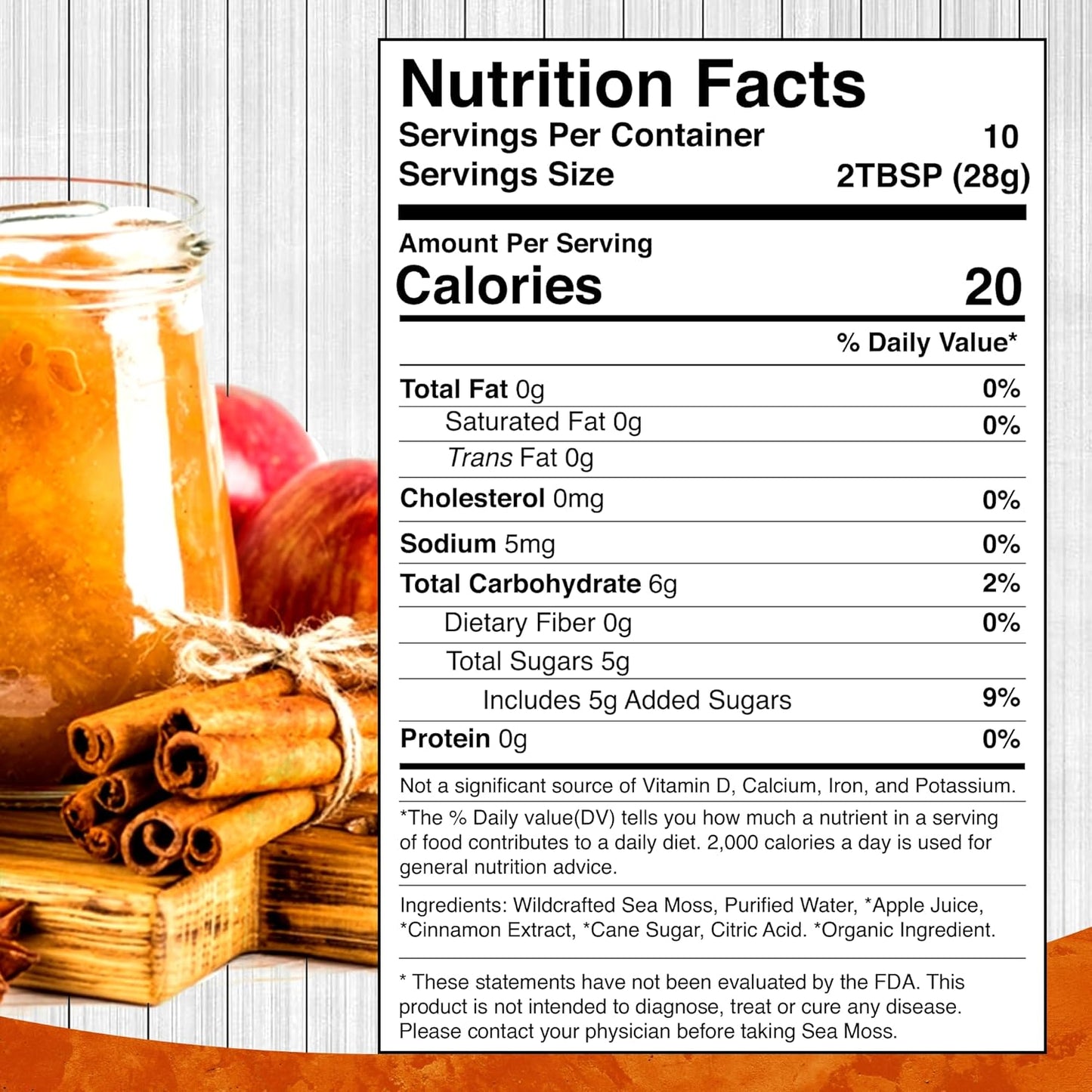 Organic Raw Irish Sea Moss Gel with Apple Cinnamon Flavor - Vitamin and Mineral-Rich Superfood for Immune & Digestive Health - 10 oz