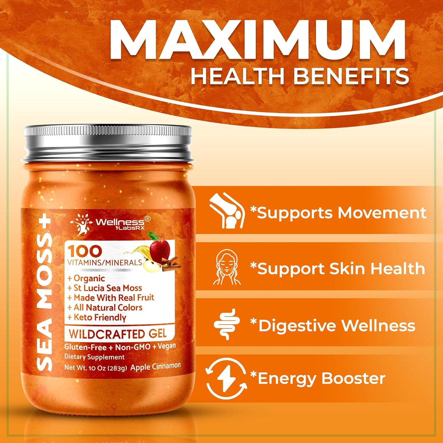 Organic Raw Irish Sea Moss Gel with Apple Cinnamon Flavor - Vitamin and Mineral-Rich Superfood for Immune & Digestive Health - 10 oz