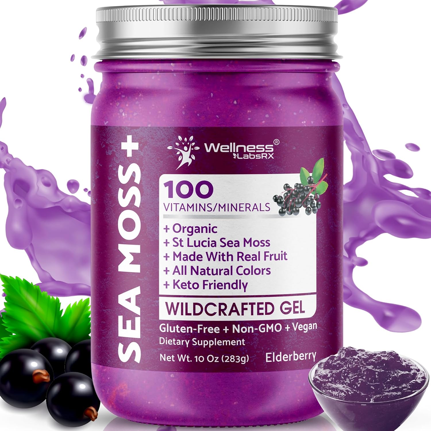 Organic Raw Irish Sea Moss Gel with Elderberry Flavor - Pristine Caribbean Superfood for Immune & Digestive Health - 10 oz.