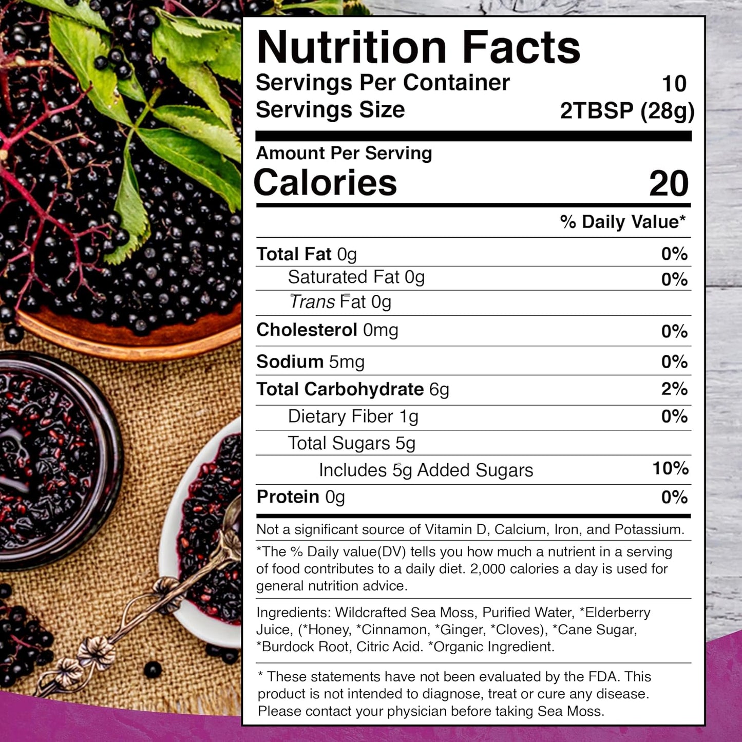 Organic Raw Irish Sea Moss Gel with Elderberry Flavor - Pristine Caribbean Superfood for Immune & Digestive Health - 10 oz.