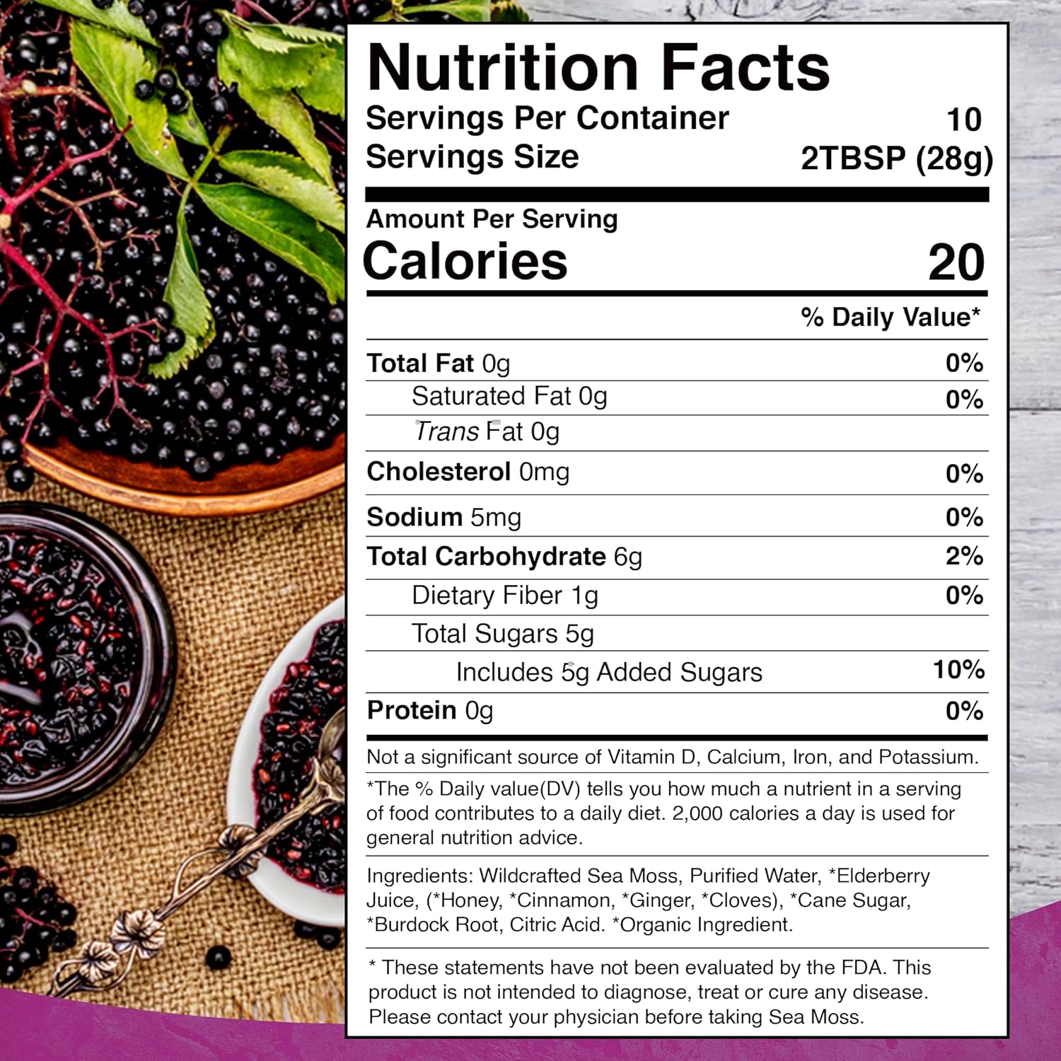 Organic Raw Irish Sea Moss Gel with Elderberry Flavor - Pristine Caribbean Superfood for Immune & Digestive Health - 10 oz.