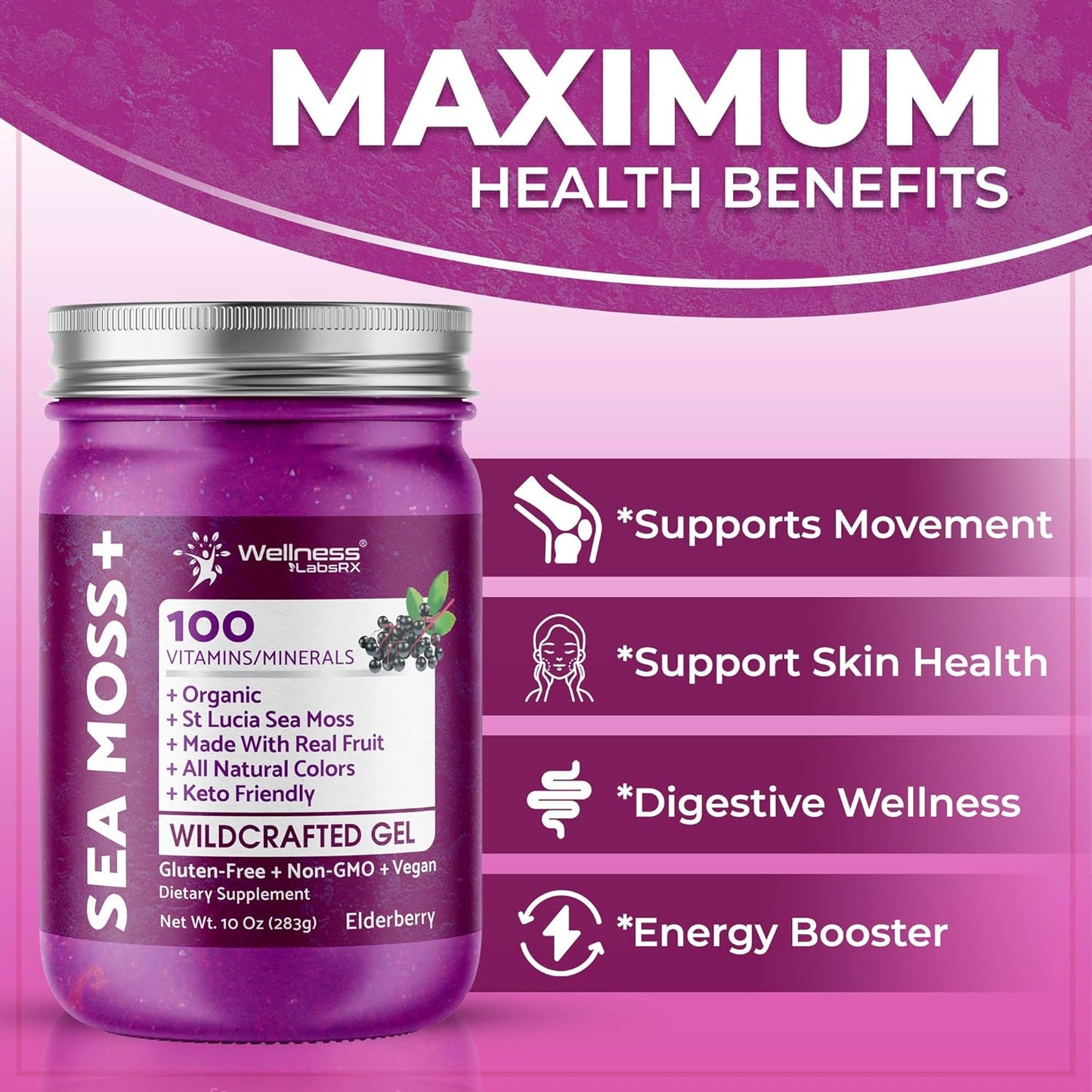 Organic Raw Irish Sea Moss Gel with Elderberry Flavor - Pristine Caribbean Superfood for Immune & Digestive Health - 10 oz.