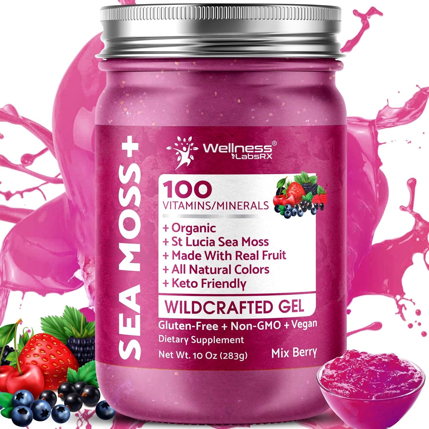 Organic Raw Irish Sea Moss Gel with Mix Berry Flavor - Rich in Vitamins and Minerals for Immune and Digestive Health Support - 10 oz.