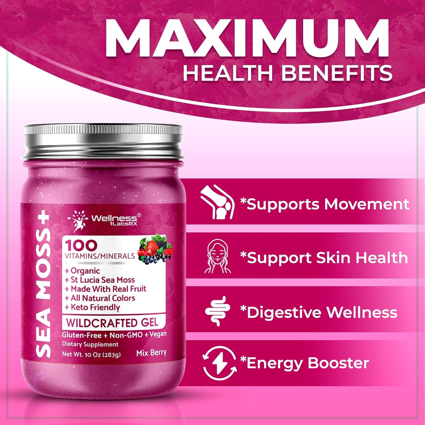 Organic Raw Irish Sea Moss Gel with Mix Berry Flavor - Rich in Vitamins and Minerals for Immune and Digestive Health Support - 10 oz.