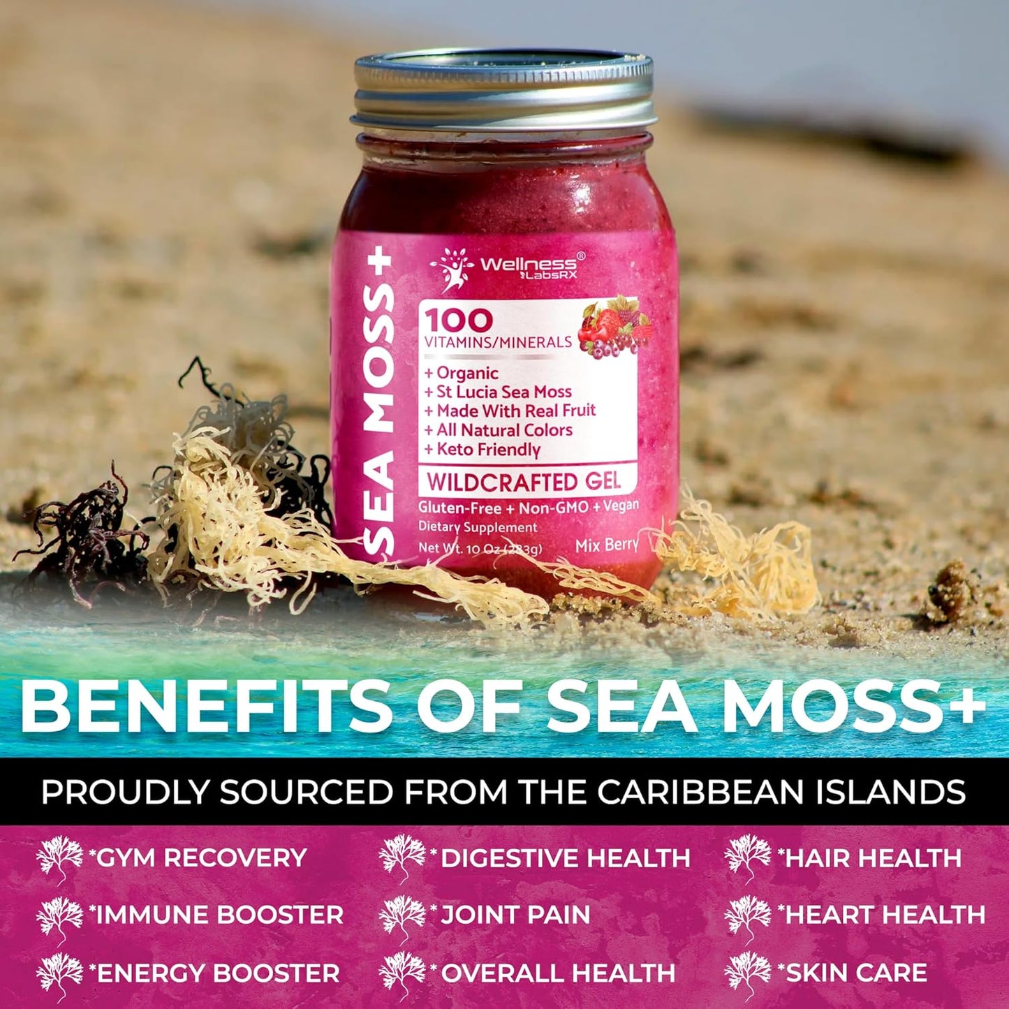 Organic Raw Irish Sea Moss Gel with Mix Berry Flavor - Rich in Vitamins and Minerals for Immune and Digestive Health Support - 10 oz.