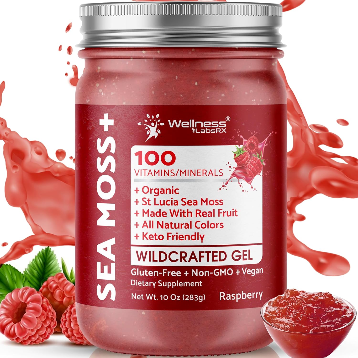 Organic Raw Irish Sea Moss Gel with Raspberry Flavor - 10 oz - Immune and Digestive Health Support from Caribbean Waters - Vitamin and Mineral-Rich Superfood Gel by WELLNESS LABSRX