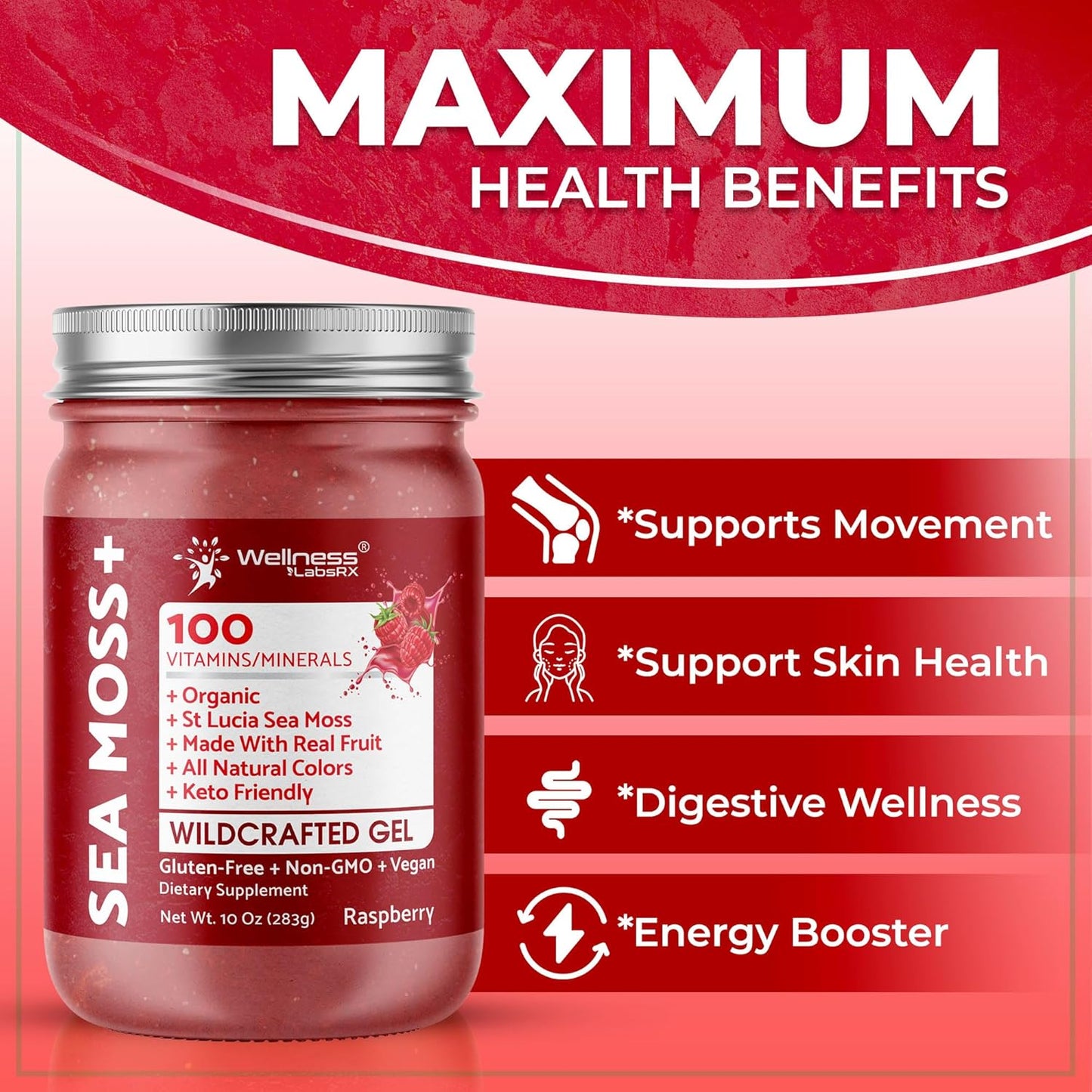 Organic Raw Irish Sea Moss Gel with Raspberry Flavor - 10 oz - Immune and Digestive Health Support from Caribbean Waters - Vitamin and Mineral-Rich Superfood Gel by WELLNESS LABSRX