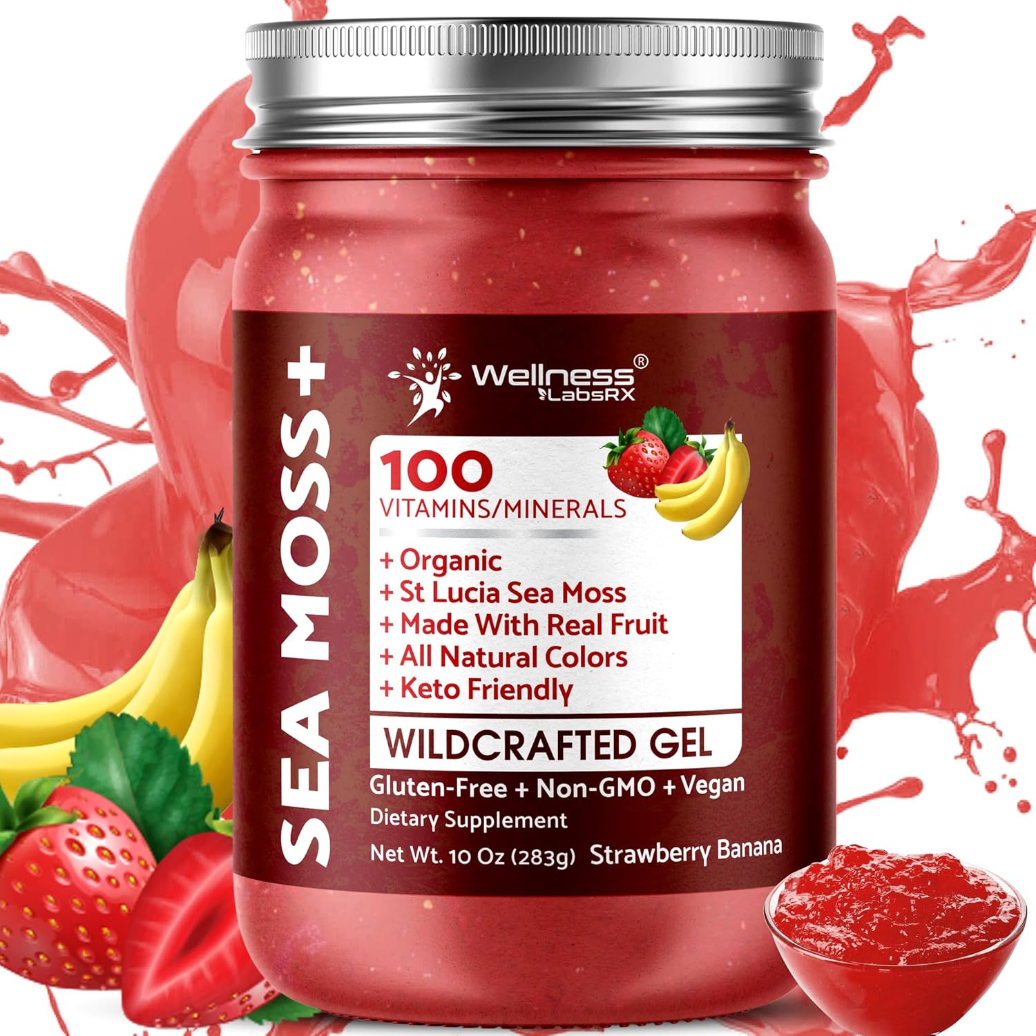 Organic Raw Irish Sea Moss Gel with Strawberry Banana Flavor - Vitamin and Mineral-Rich Superfood for Immune and Digestive Health - 10 oz.