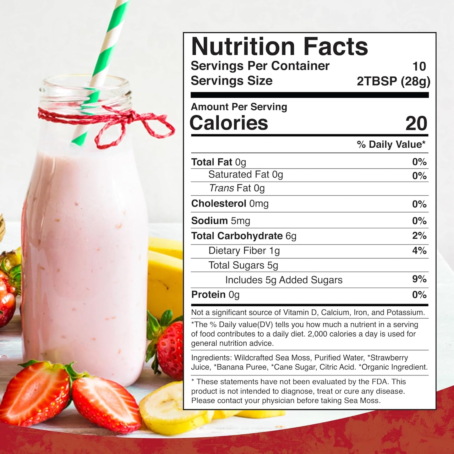 Organic Raw Irish Sea Moss Gel with Strawberry Banana Flavor - Vitamin and Mineral-Rich Superfood for Immune and Digestive Health - 10 oz.