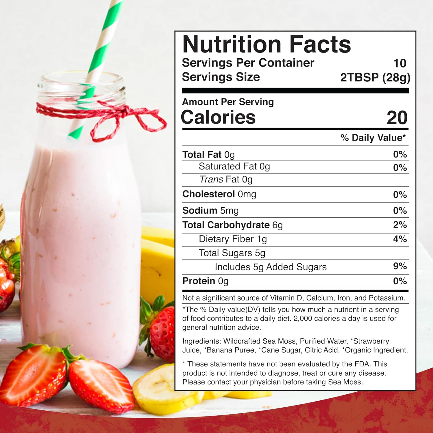 Organic Raw Irish Sea Moss Gel with Strawberry Banana Flavor - Vitamin and Mineral-Rich Superfood for Immune and Digestive Health - 10 oz.