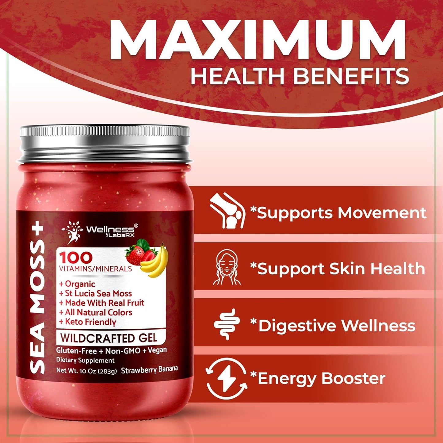 Organic Raw Irish Sea Moss Gel with Strawberry Banana Flavor - Vitamin and Mineral-Rich Superfood for Immune and Digestive Health - 10 oz.