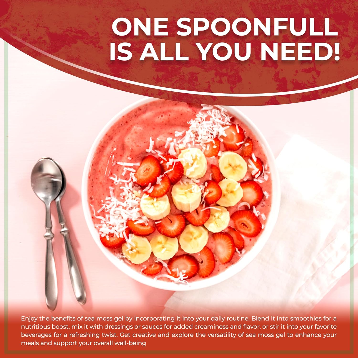 Organic Raw Irish Sea Moss Gel with Strawberry Banana Flavor - Vitamin and Mineral-Rich Superfood for Immune and Digestive Health - 10 oz.