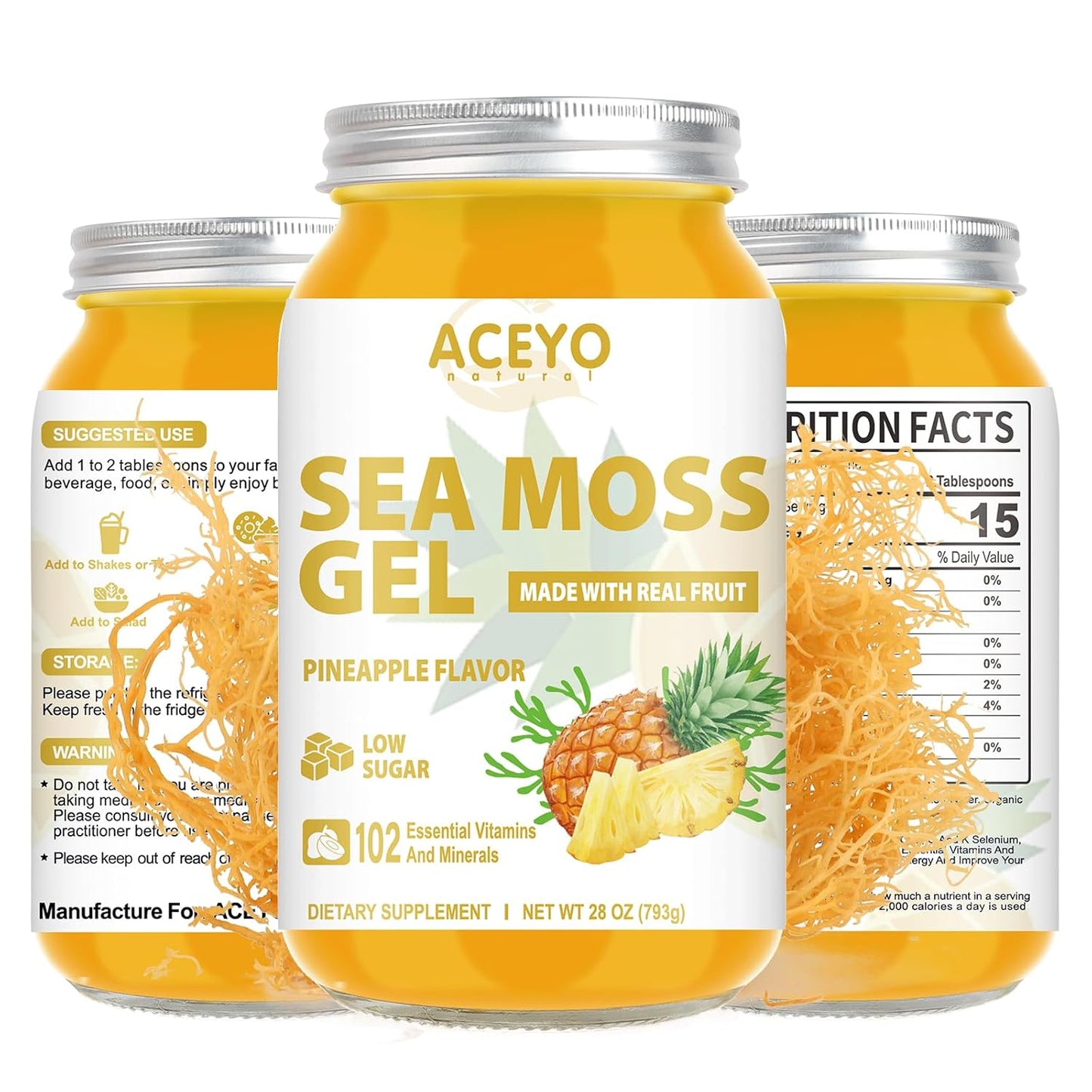 Organic Raw Pineapple Flavored Sea Moss Gel (28 oz) - Vegan Immune Booster with 102 Vitamins and Minerals - Non-GMO Thyroid Support Supplement