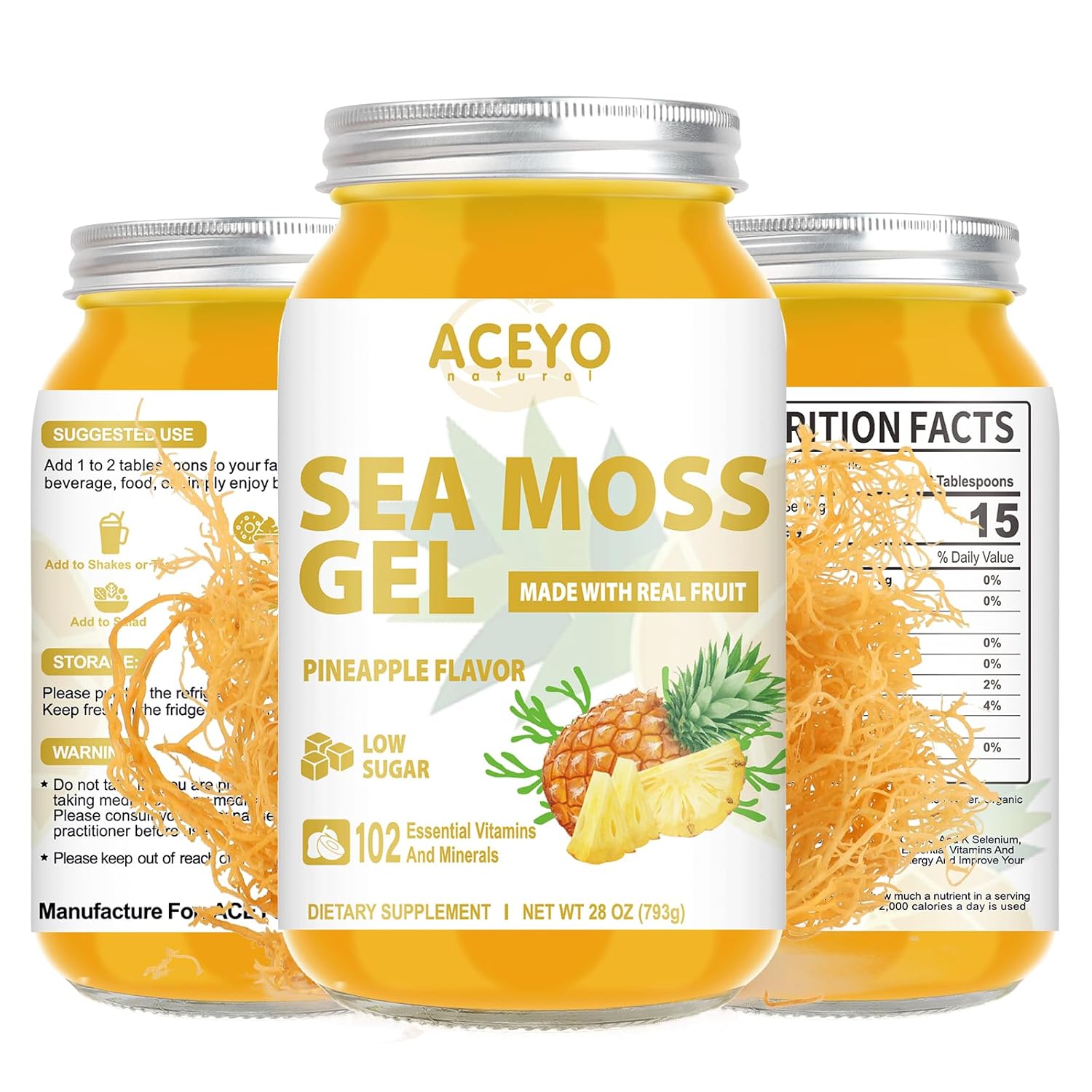 Organic Raw Pineapple Flavored Sea Moss Gel (28 oz) - Vegan Immune Booster with 102 Vitamins and Minerals - Non-GMO Thyroid Support Supplement