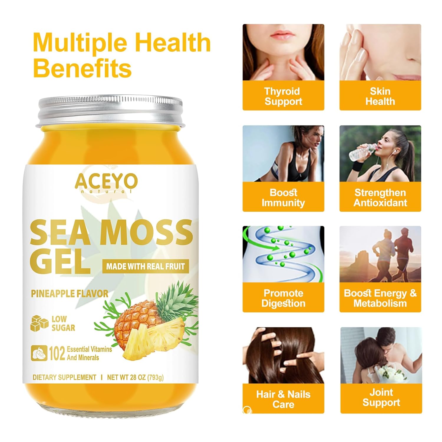 Organic Raw Pineapple Flavored Sea Moss Gel (28 oz) - Vegan Immune Booster with 102 Vitamins and Minerals - Non-GMO Thyroid Support Supplement