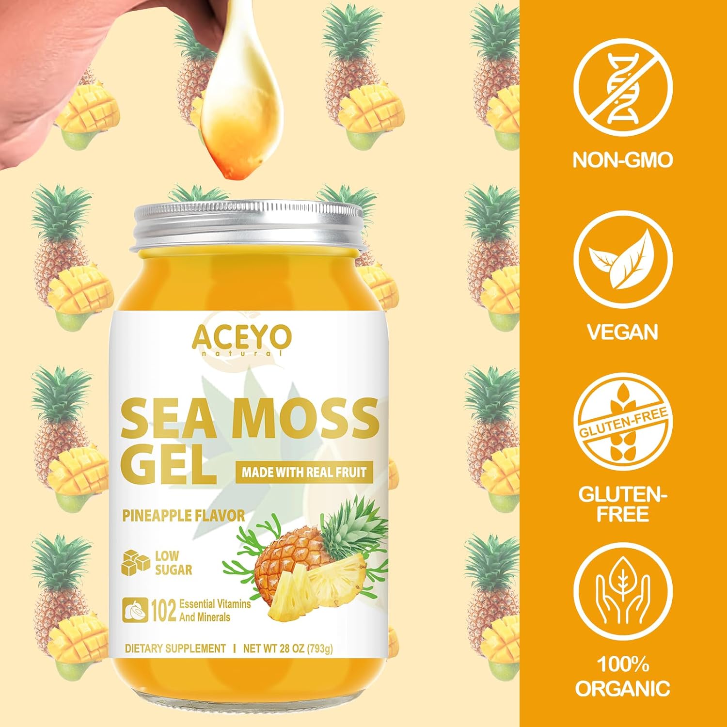 Organic Raw Pineapple Flavored Sea Moss Gel (28 oz) - Vegan Immune Booster with 102 Vitamins and Minerals - Non-GMO Thyroid Support Supplement