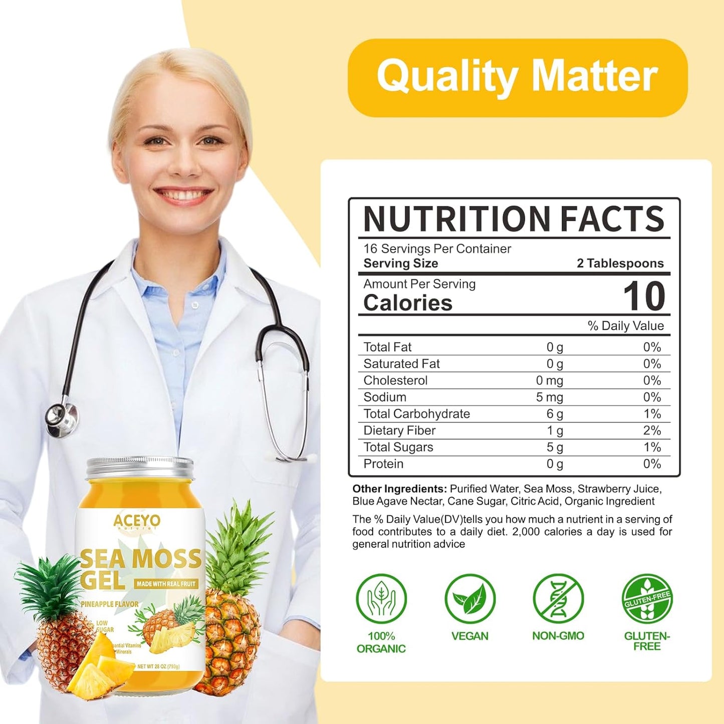 Organic Raw Pineapple Flavored Sea Moss Gel (28 oz) - Vegan Immune Booster with 102 Vitamins and Minerals - Non-GMO Thyroid Support Supplement