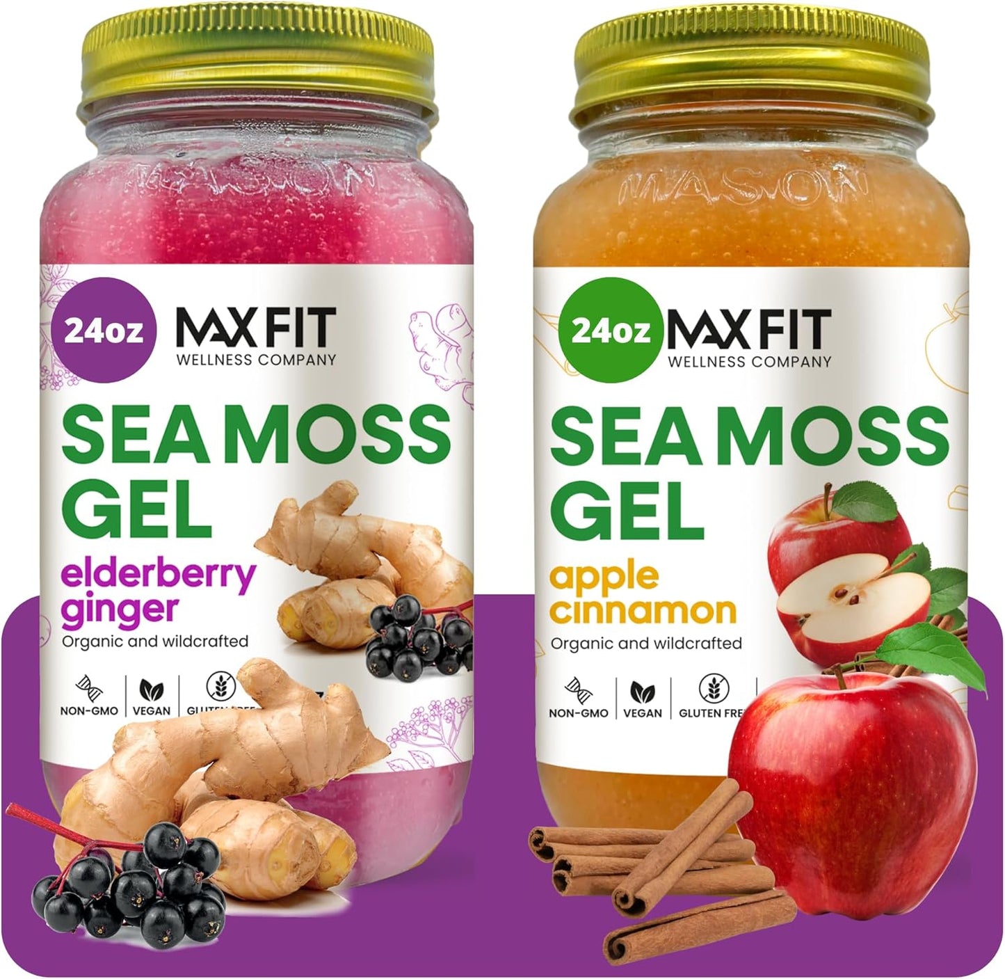 Organic Raw Sea Moss Gel Bundle - Apple Cinnamon & Elderberry Ginger Flavors - 24oz Jars (2 Pack) - Wildcrafted Gold Sea Moss Gel from Saint Lucia - Vegan Superfood with 92 Vitamins & Minerals
