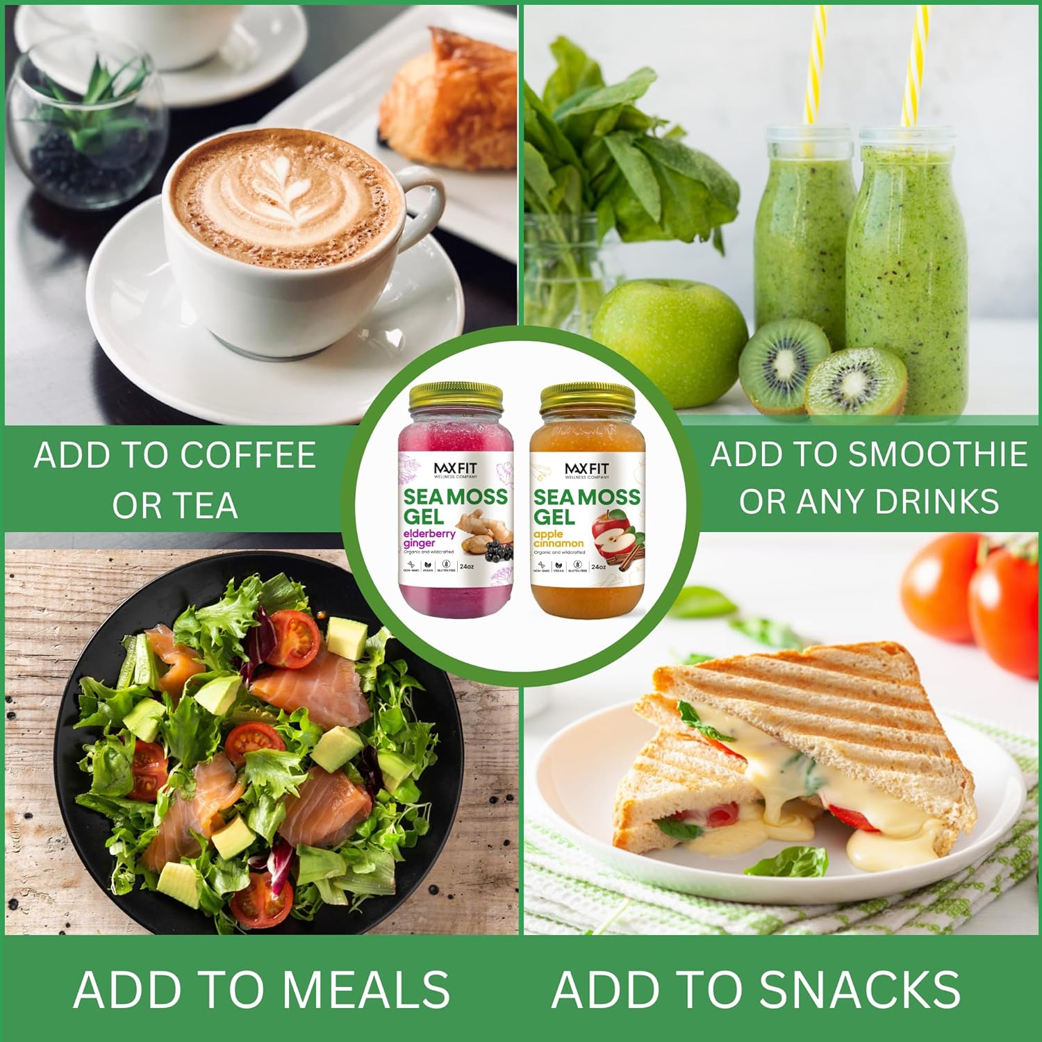 Organic Raw Sea Moss Gel Bundle - Apple Cinnamon & Elderberry Ginger Flavors - 24oz Jars (2 Pack) - Wildcrafted Gold Sea Moss Gel from Saint Lucia - Vegan Superfood with 92 Vitamins & Minerals