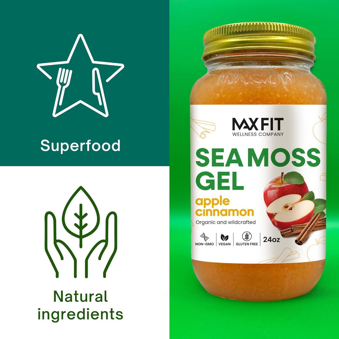 Organic Raw Sea Moss Gel Bundle - Apple Cinnamon & Elderberry Ginger Flavors - 24oz Jars (2 Pack) - Wildcrafted Gold Sea Moss Gel from Saint Lucia - Vegan Superfood with 92 Vitamins & Minerals