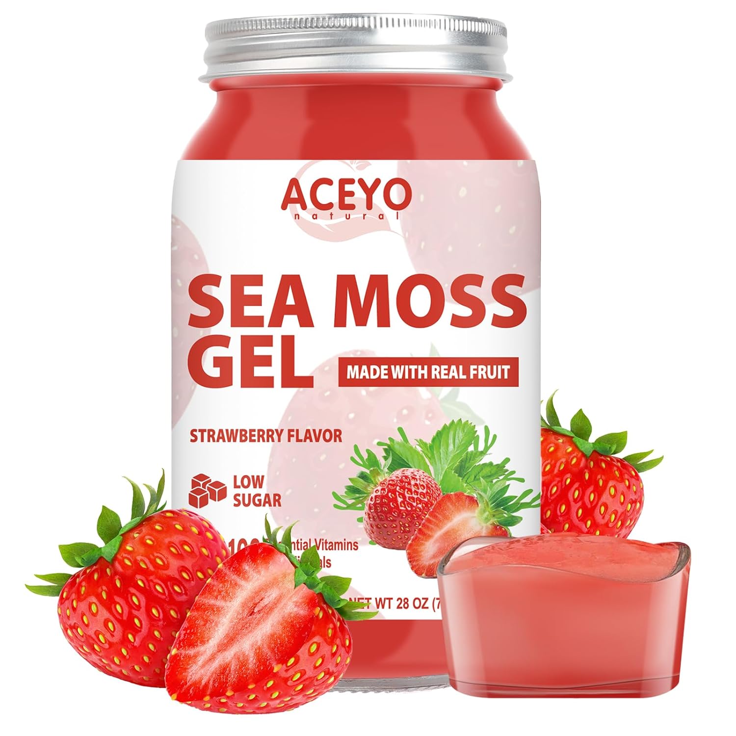 Organic Raw Strawberry Sea Moss Gel (28 oz) | Vegan Irish Seamoss | Immune Support | Digestive Health | Non-GMO | 102 Vitamins & Minerals