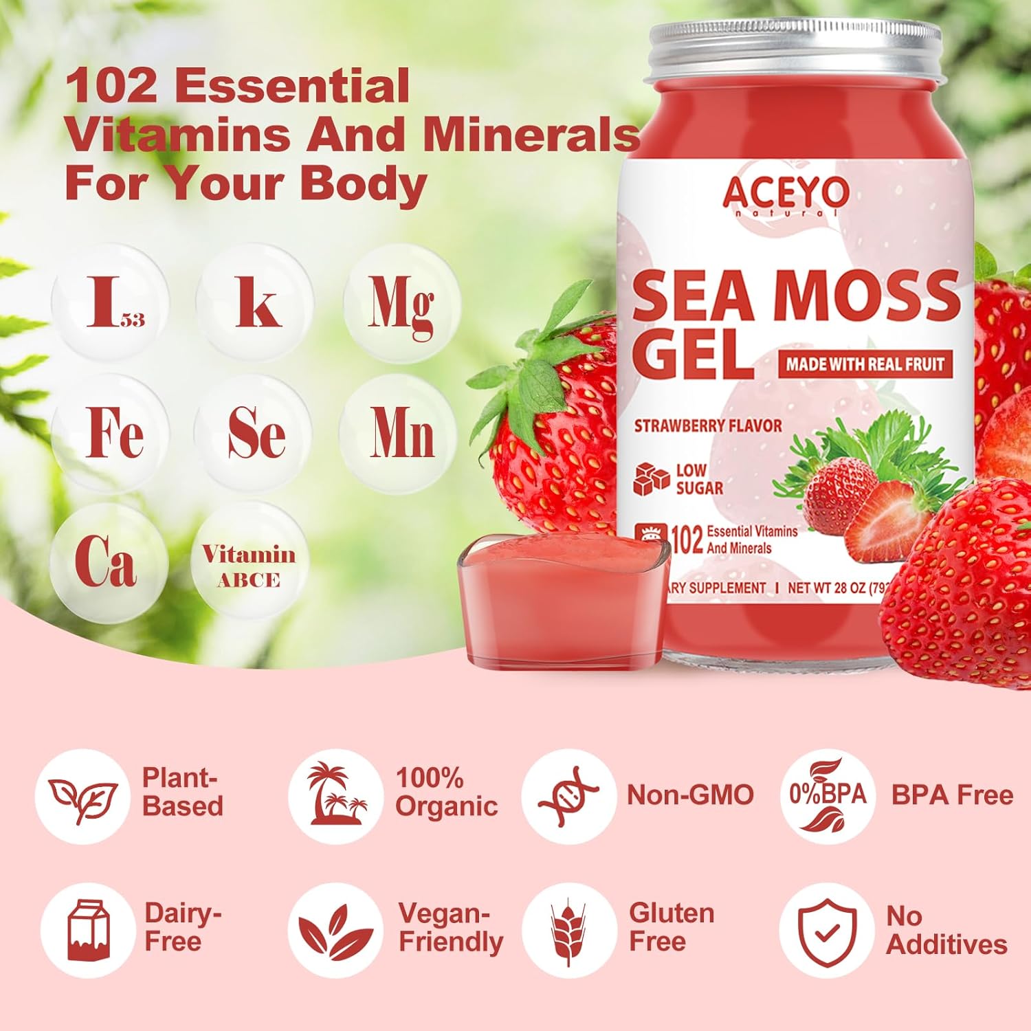 Organic Raw Strawberry Sea Moss Gel (28 oz) | Vegan Irish Seamoss | Immune Support | Digestive Health | Non-GMO | 102 Vitamins & Minerals