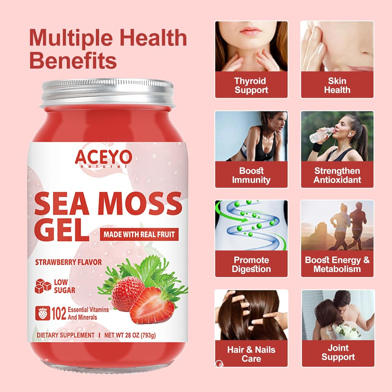 Organic Raw Strawberry Sea Moss Gel (28 oz) | Vegan Irish Seamoss | Immune Support | Digestive Health | Non-GMO | 102 Vitamins & Minerals