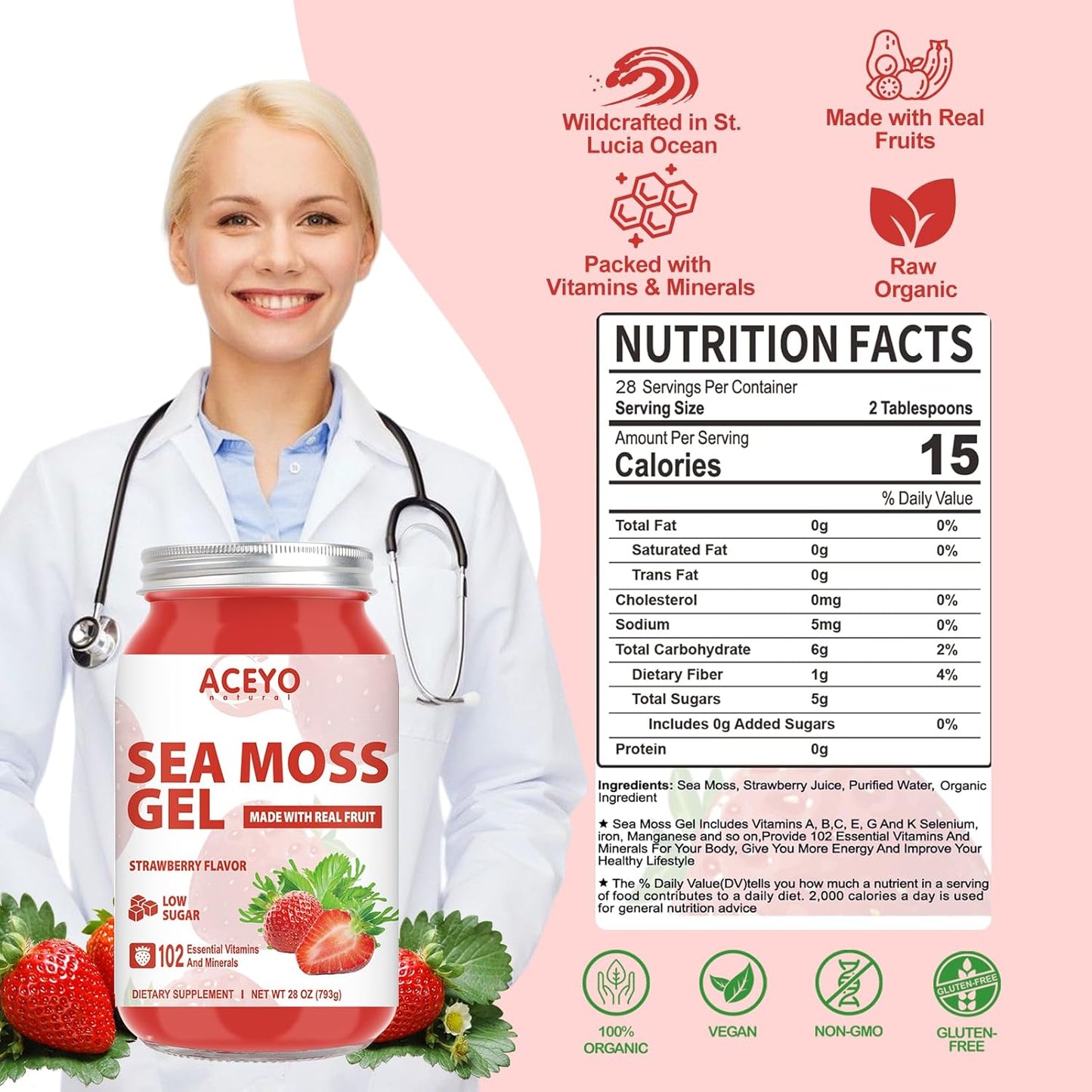 Organic Raw Strawberry Sea Moss Gel (28 oz) | Vegan Irish Seamoss | Immune Support | Digestive Health | Non-GMO | 102 Vitamins & Minerals