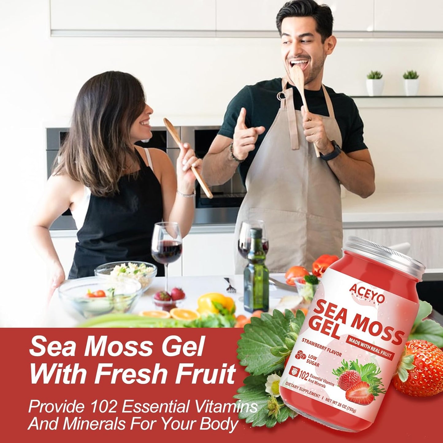 Organic Raw Strawberry Sea Moss Gel (28 oz) | Vegan Irish Seamoss | Immune Support | Digestive Health | Non-GMO | 102 Vitamins & Minerals