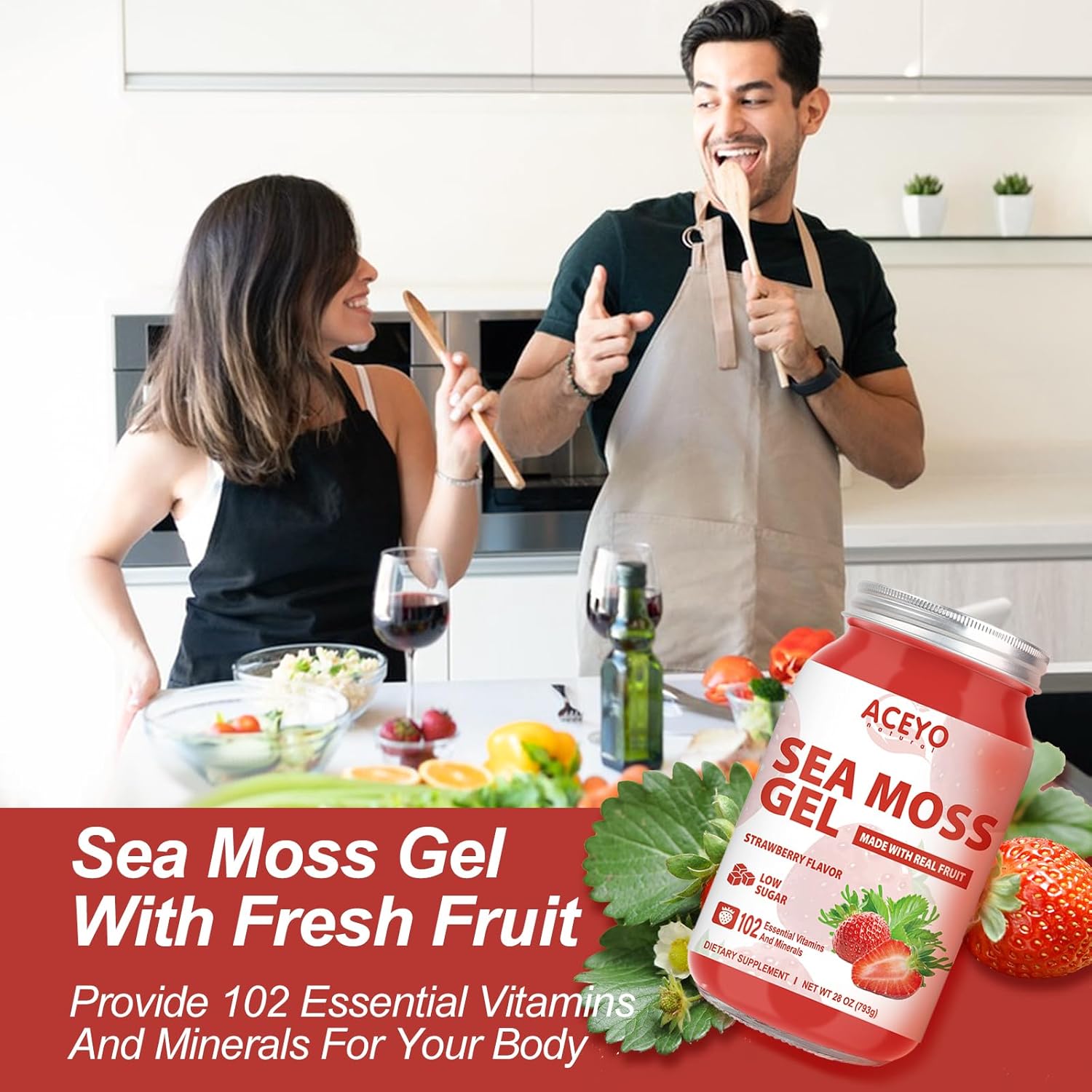 Organic Raw Strawberry Sea Moss Gel (28 oz) | Vegan Irish Seamoss | Immune Support | Digestive Health | Non-GMO | 102 Vitamins & Minerals