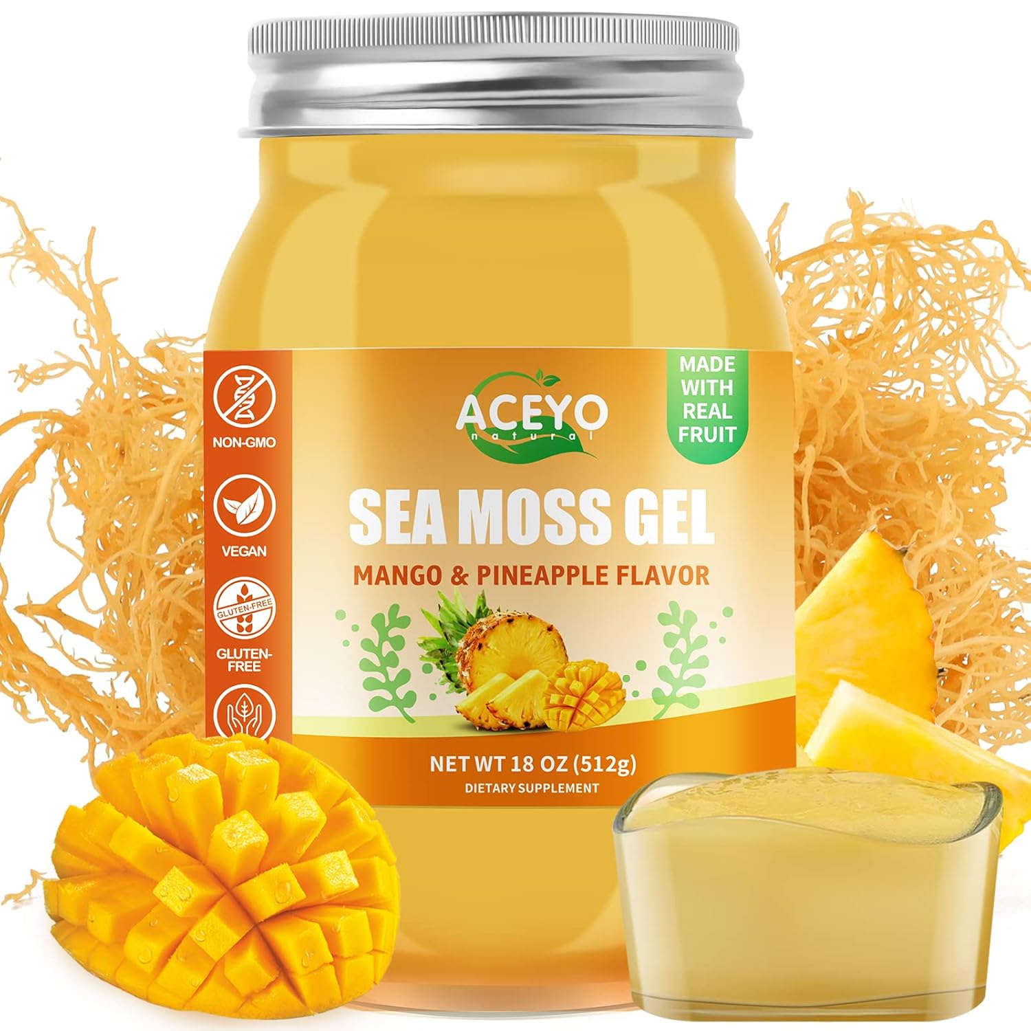 Organic Raw Vegan Mango Pineapple Sea Moss Gel 18 oz | Rich in 102 Vitamins & Minerals | Immune & Digestive Support Booster | Non-GMO Wild Harvested | Thyroid Health