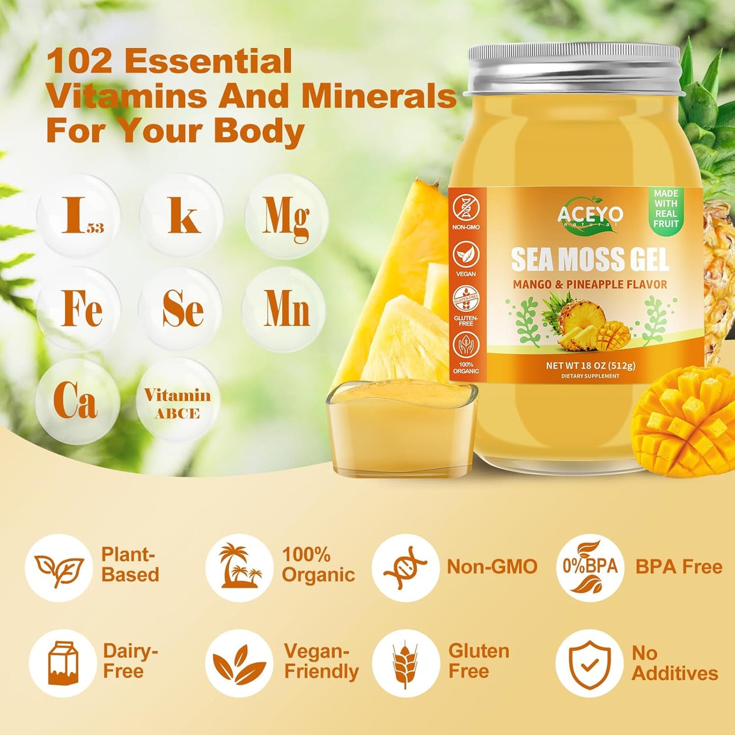 Organic Raw Vegan Mango Pineapple Sea Moss Gel 18 oz | Rich in 102 Vitamins & Minerals | Immune & Digestive Support Booster | Non-GMO Wild Harvested | Thyroid Health