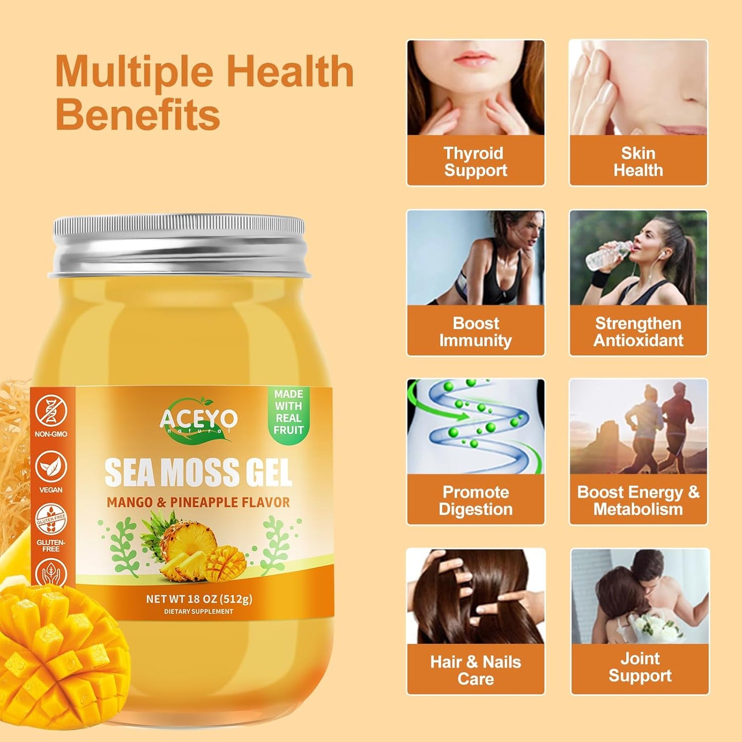 Organic Raw Vegan Mango Pineapple Sea Moss Gel 18 oz | Rich in 102 Vitamins & Minerals | Immune & Digestive Support Booster | Non-GMO Wild Harvested | Thyroid Health