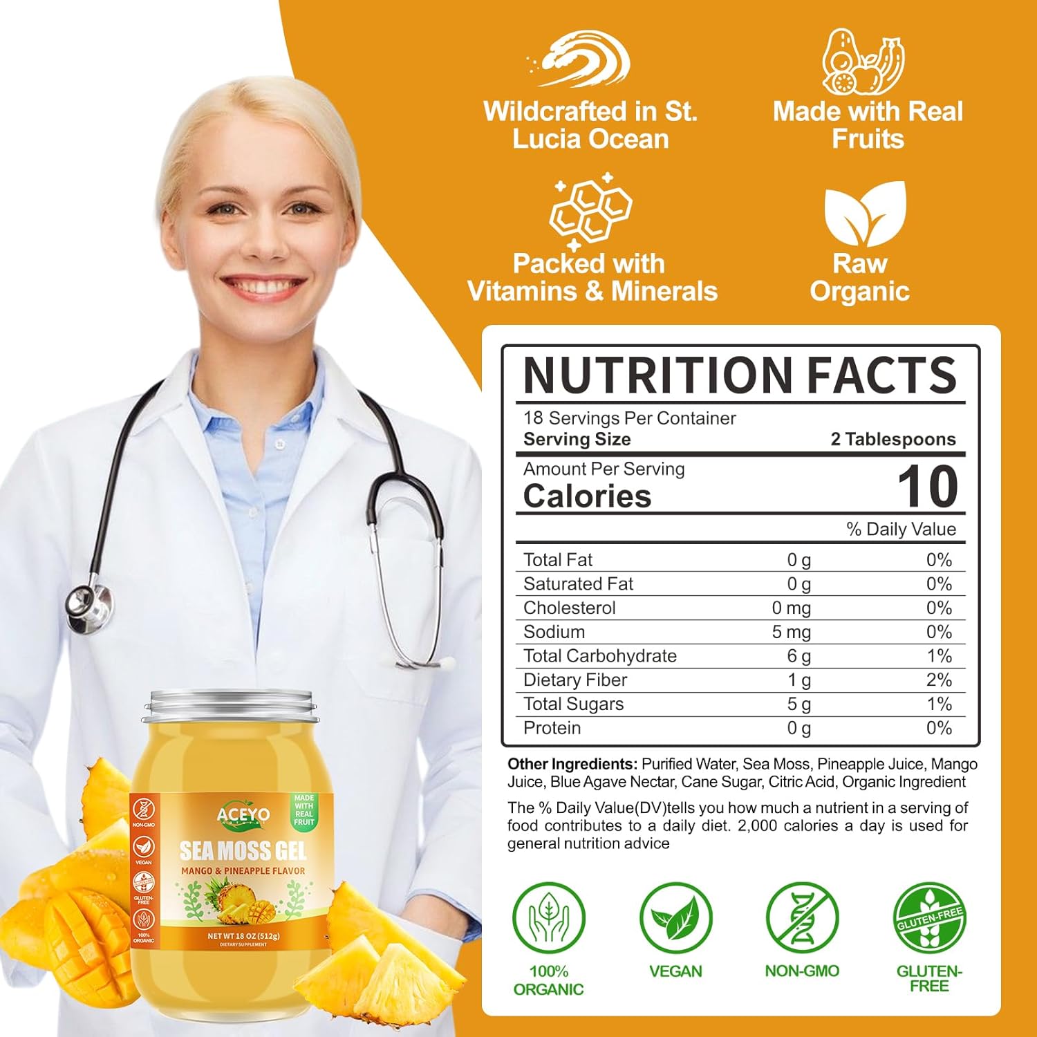 Organic Raw Vegan Mango Pineapple Sea Moss Gel 18 oz | Rich in 102 Vitamins & Minerals | Immune & Digestive Support Booster | Non-GMO Wild Harvested | Thyroid Health