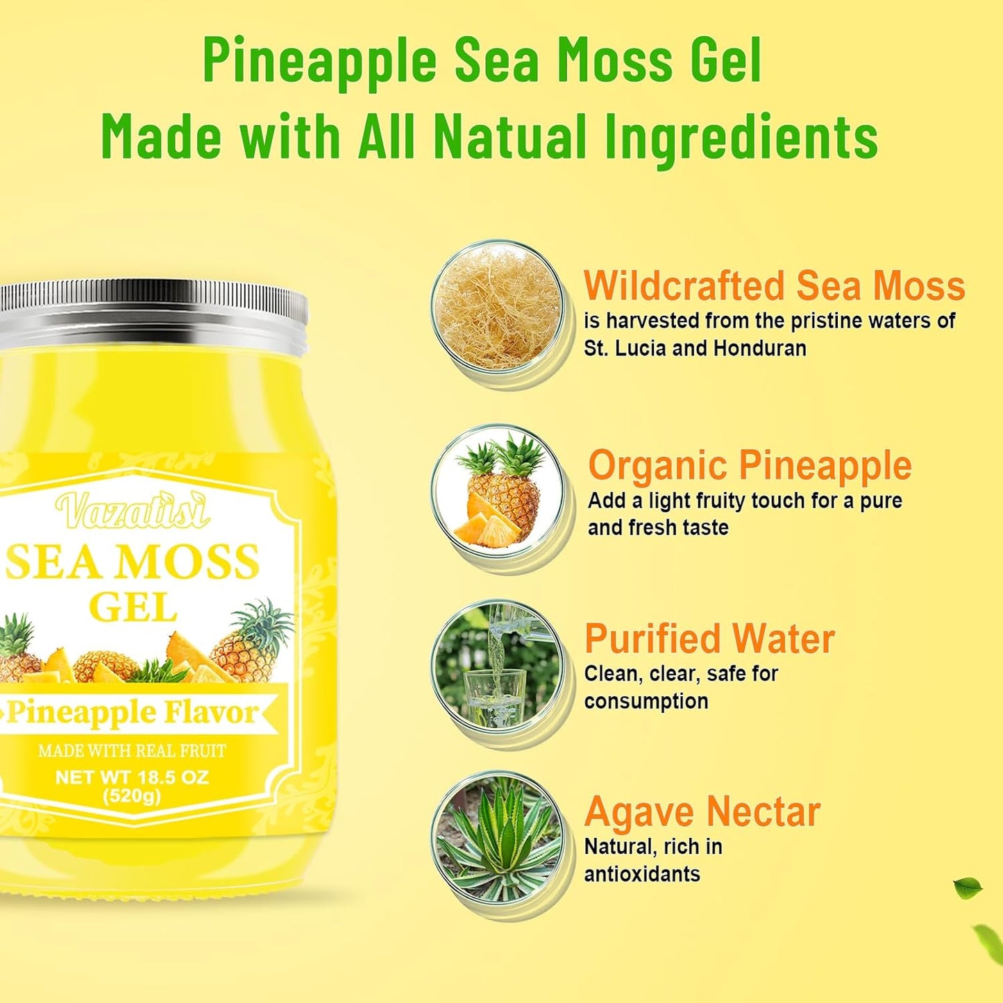 Organic Raw Vegan Pineapple Sea Moss Gel - 18.5 OZ - Hair, Skin, Thyroid & Immune Support - Wildcrafted Irish Sea Moss - Superfood Rich in 102 Vitamins & Minerals
