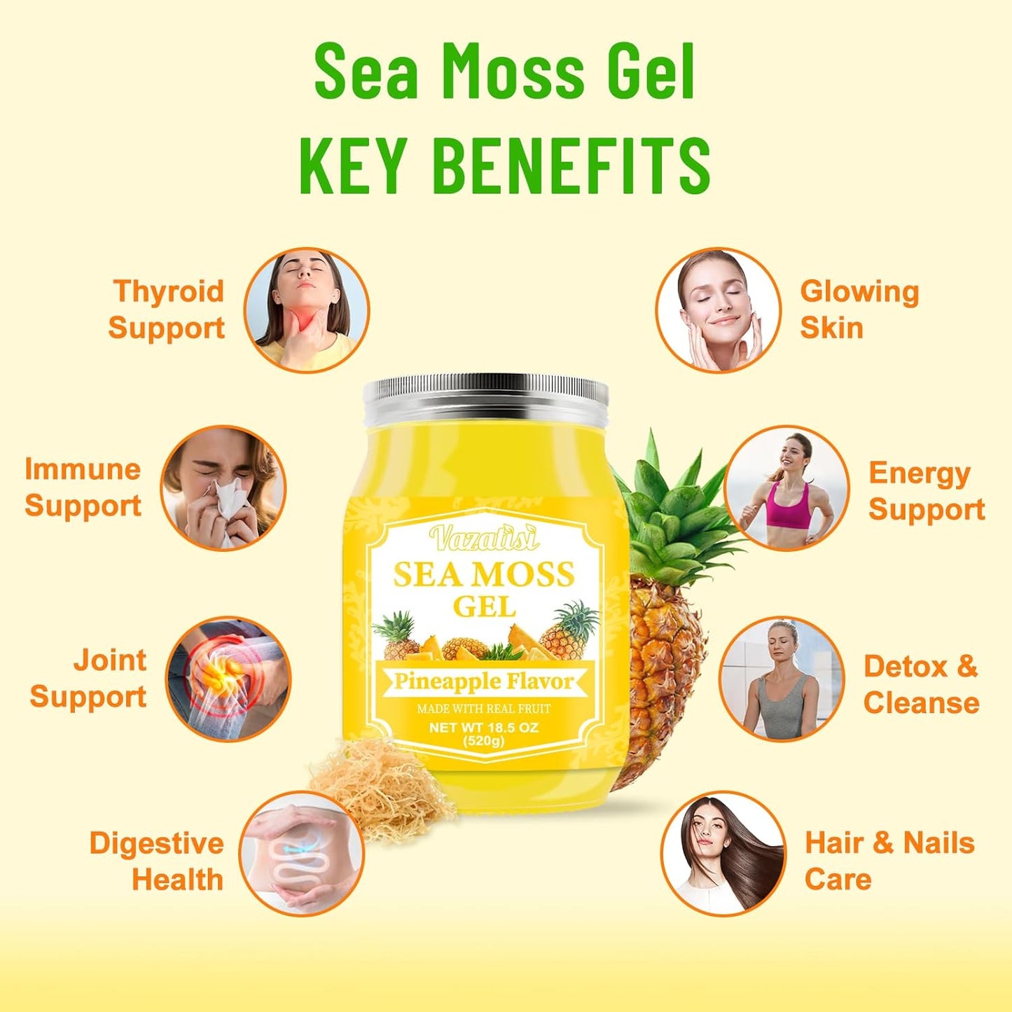 Organic Raw Vegan Pineapple Sea Moss Gel - 18.5 OZ - Hair, Skin, Thyroid & Immune Support - Wildcrafted Irish Sea Moss - Superfood Rich in 102 Vitamins & Minerals