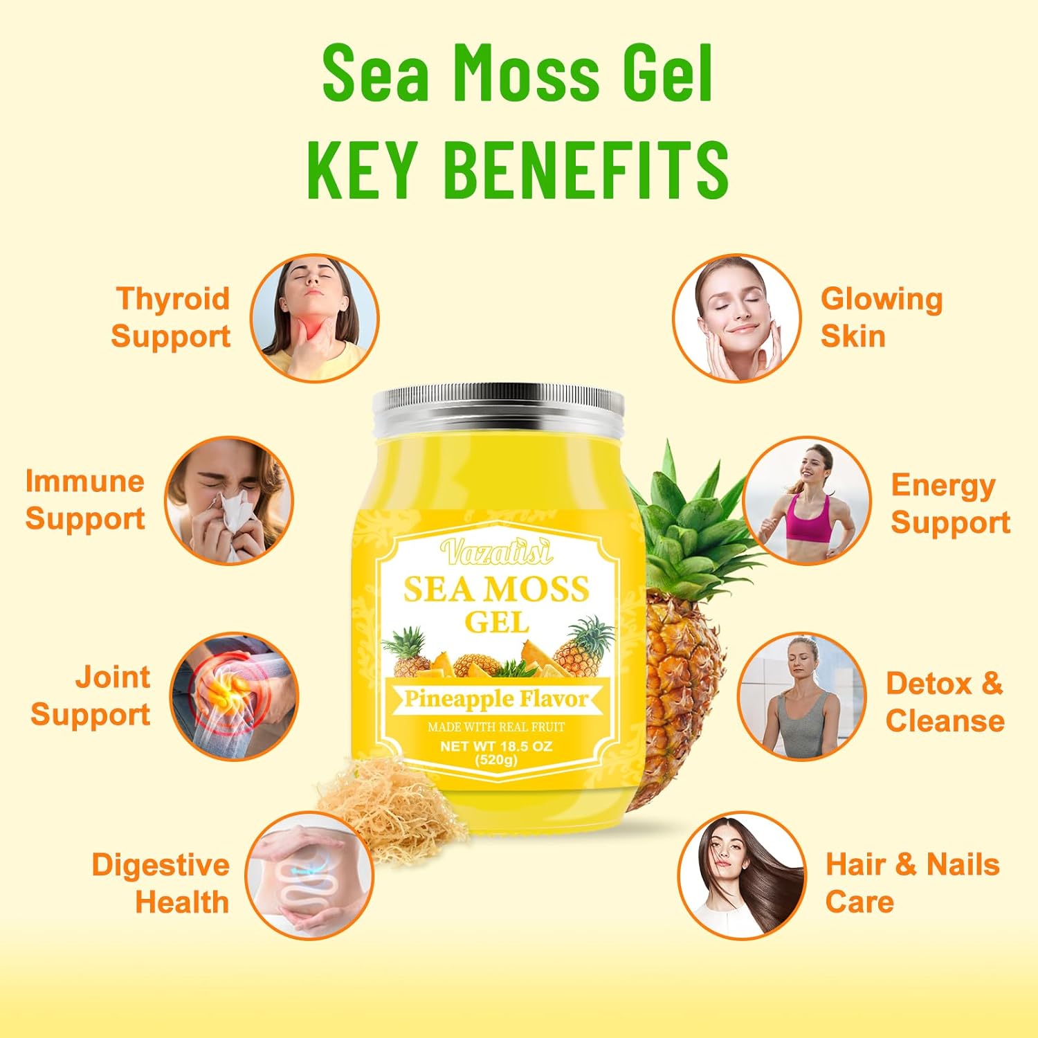 Organic Raw Vegan Pineapple Sea Moss Gel - 18.5 OZ - Hair, Skin, Thyroid & Immune Support - Wildcrafted Irish Sea Moss - Superfood Rich in 102 Vitamins & Minerals