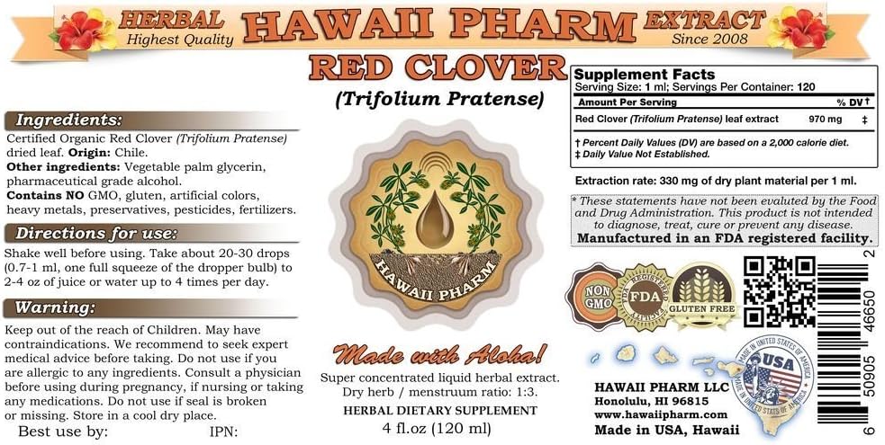 Organic Red Clover Liquid Extract Tincture - Herbal Supplement - Hawaii Pharm HawaiiPharm, 2 fl.oz USA Made