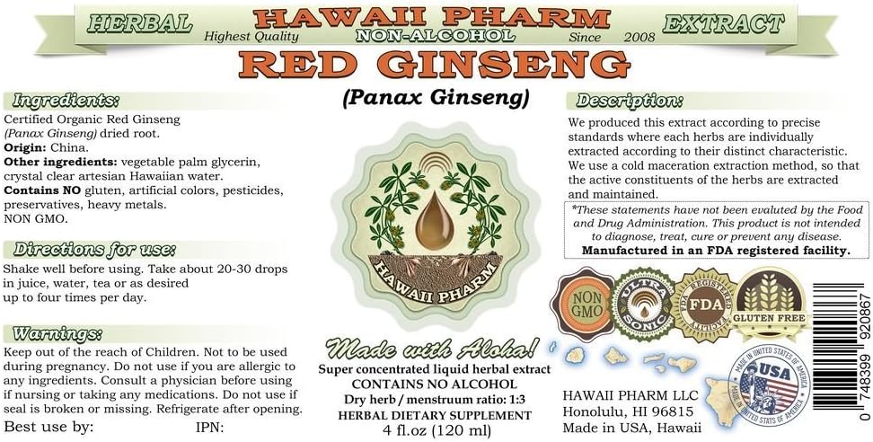 Organic Red Ginseng Alcohol-Free Liquid Extract - Panax Ginseng Root Glycerite Supplement - Hawaii Pharm USA - 2x4 fl.oz