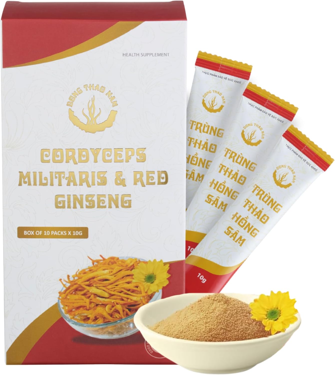 Organic Red Ginseng and Cordyceps Powder - 6 in 1 Herbal Extract for Alertness and Energy, Caffeine Free (Pack of 10)