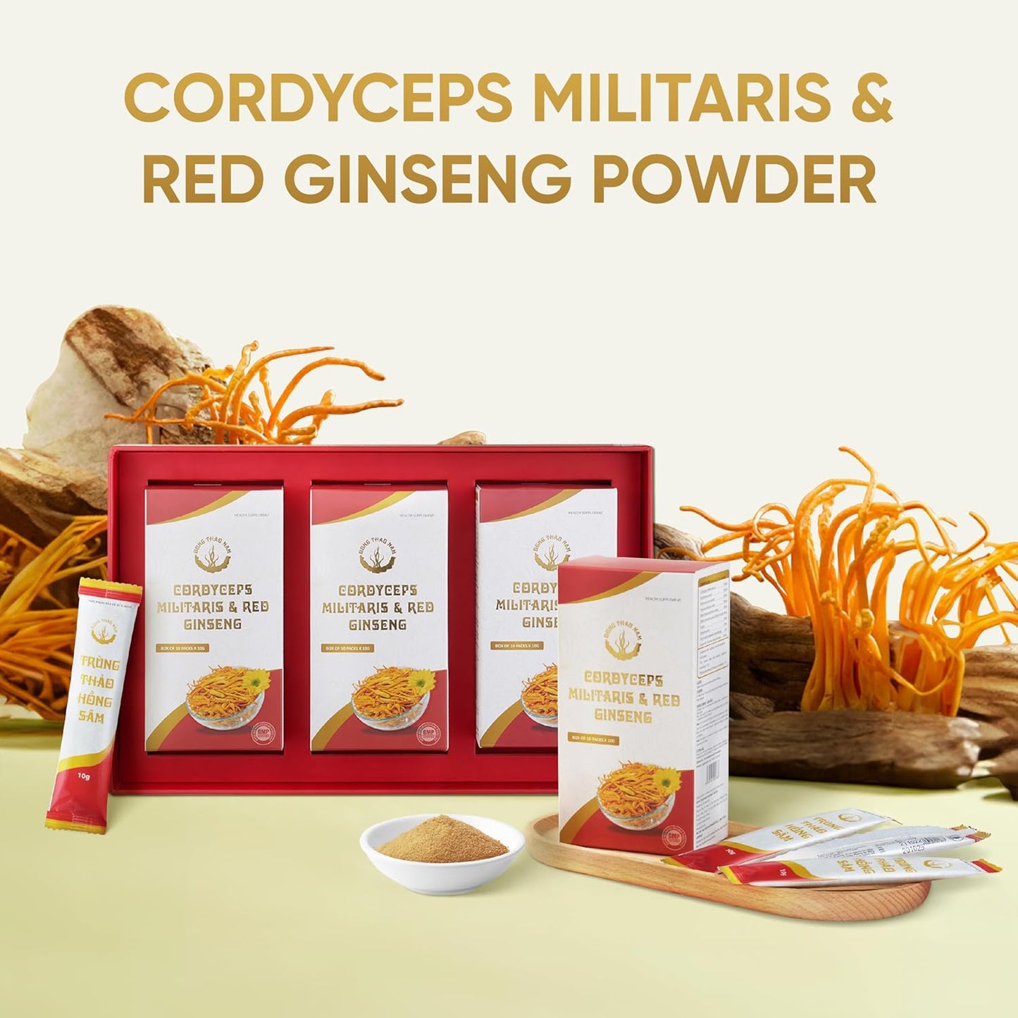 Organic Red Ginseng and Cordyceps Powder - 6 in 1 Herbal Extract for Alertness and Energy, Caffeine Free (30 Pack)