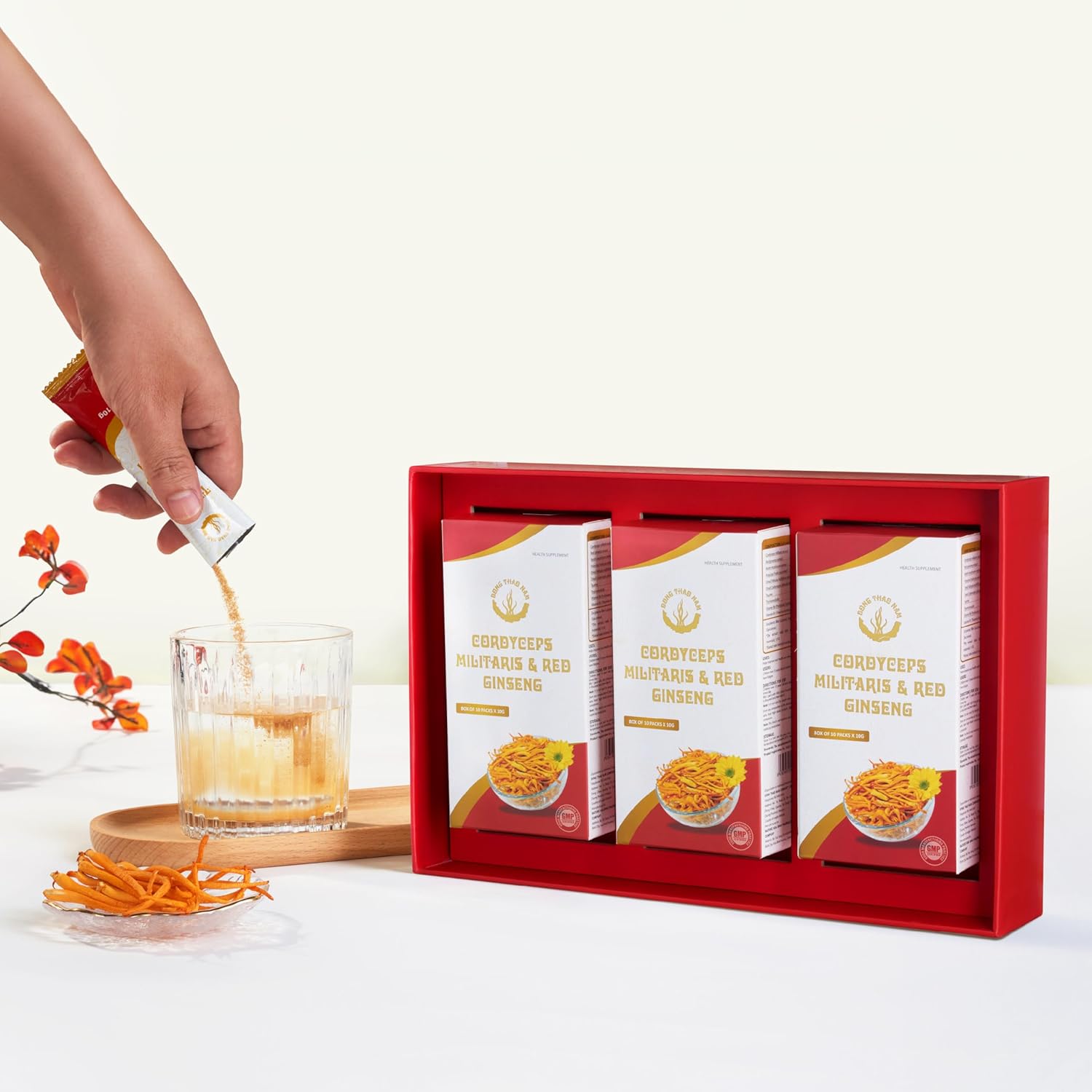 Organic Red Ginseng and Cordyceps Powder - 6 in 1 Herbal Extract for Alertness and Energy, Caffeine Free (Pack of 10)