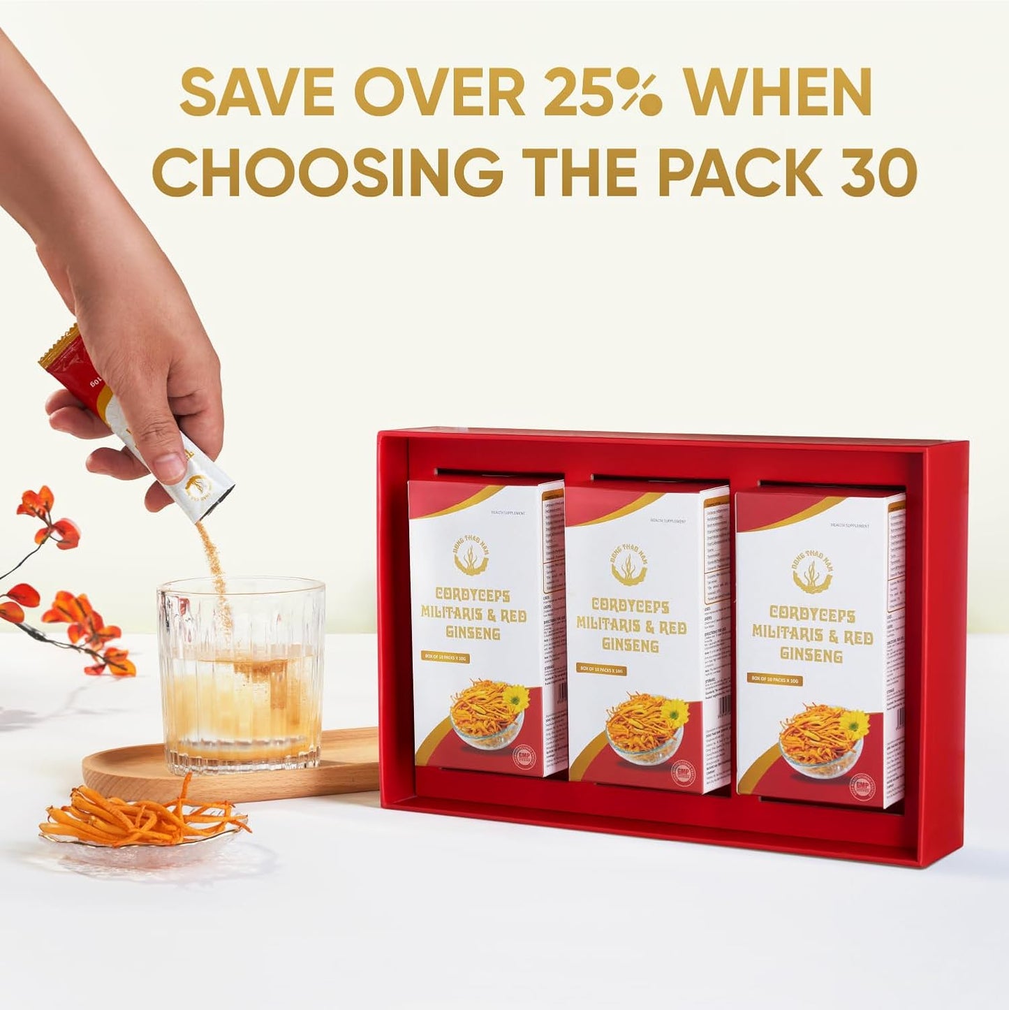 Organic Red Ginseng and Cordyceps Powder - 6 in 1 Herbal Extract for Alertness and Energy, Caffeine Free (30 Pack)