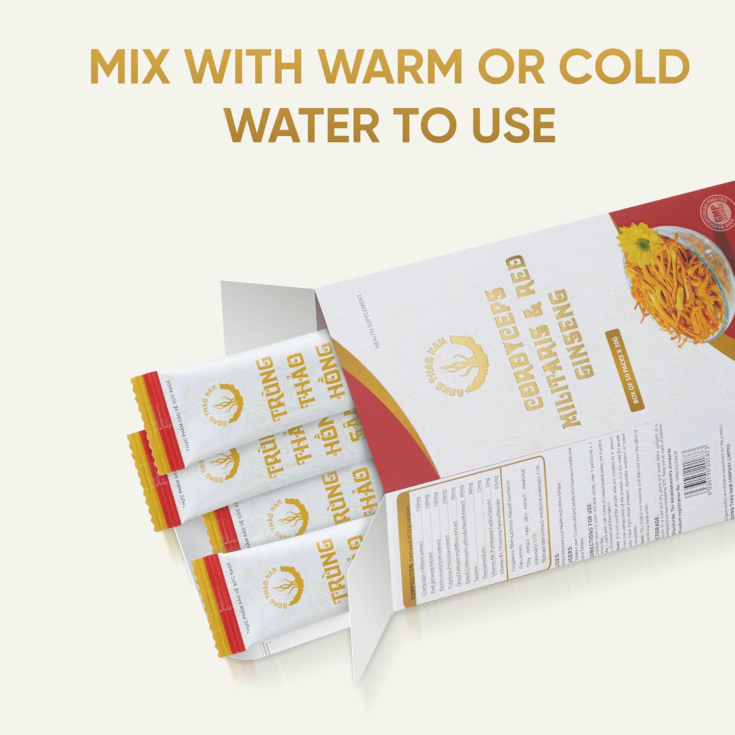 Organic Red Ginseng and Cordyceps Powder - 6 in 1 Herbal Extract for Alertness and Energy, Caffeine Free (30 Pack)