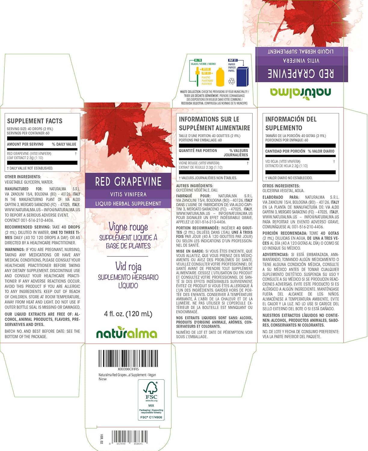 Organic Red Grapevine Leaf Tincture - 4 fl oz Liquid Extract Drops - Alcohol-Free Herbal Supplement - Vegan Friendly