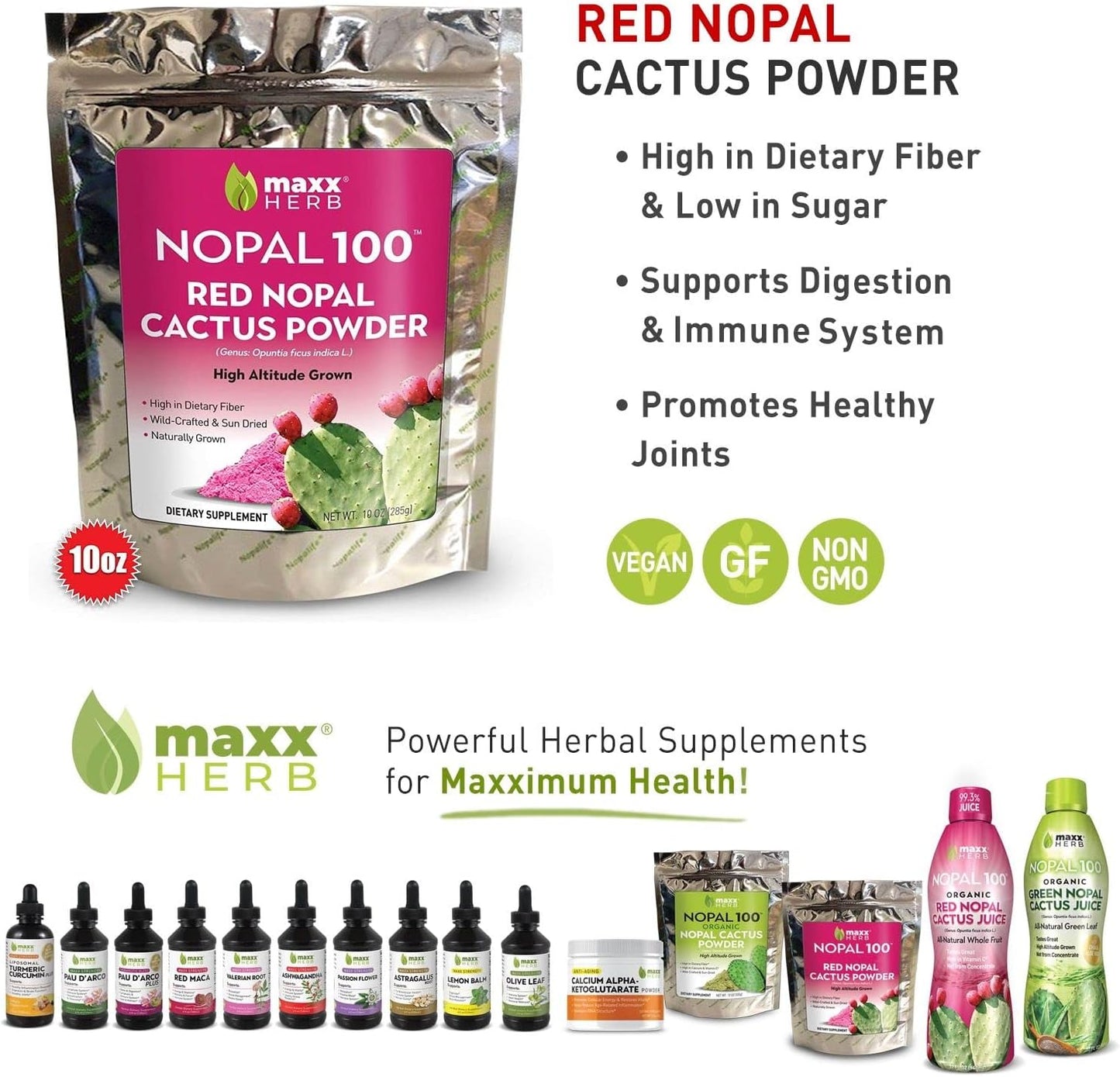 Organic Red Nopal Cactus Powder - Prickly Pear for Digestion & Immune Support - High Fiber, Vegan, Non-GMO, Gluten Free - 10 Oz Bag (28 Servings)
