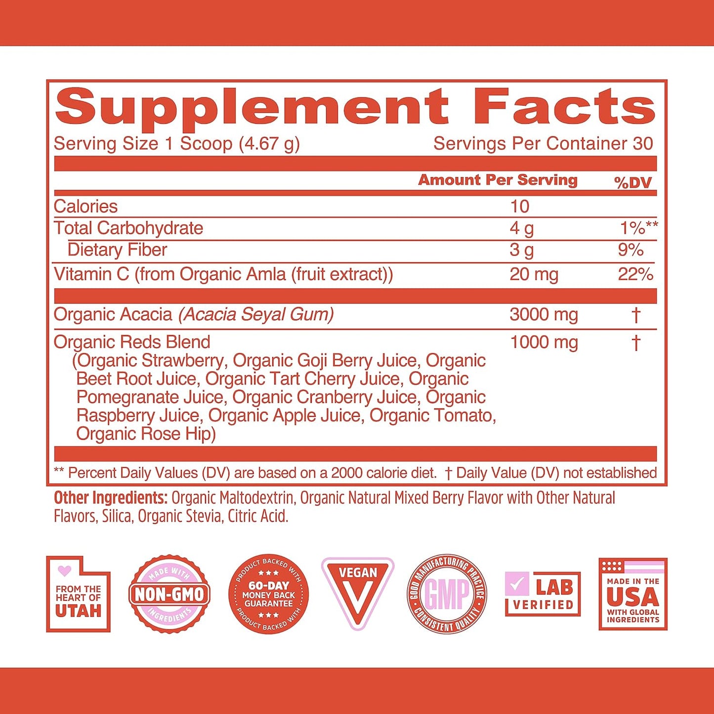 Organic Reds Antioxidant Superfood Powder with Vitamin C, Tart Cherry, Beetroot, Cranberry, Goji Berry - Immune Support, Non-GMO, Vegan - 30 Servings