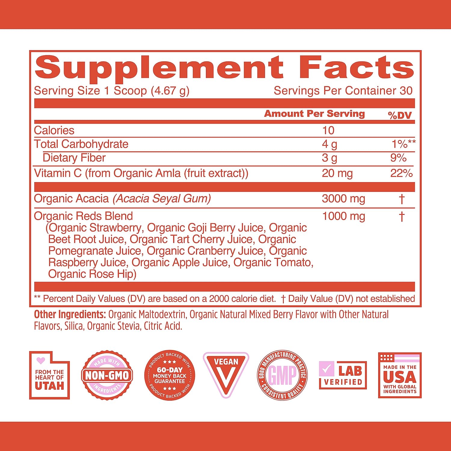 Organic Reds Antioxidant Superfood Powder with Vitamin C, Tart Cherry, Beetroot, Cranberry, Goji Berry - Immune Support, Non-GMO, Vegan - 30 Servings