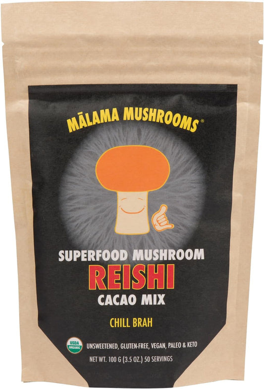 Organic Reishi Mushroom Hot Cacao Mix - Superfood Adaptogenic Unsweetened Powder with Fair Trade Cacao and Cinnamon - 50 Servings by Malama