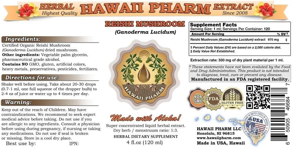 Organic Reishi Mushroom Liquid Extract Tincture - Herbal Supplement by Hawaii Pharm, 2 fl.oz Made in USA
